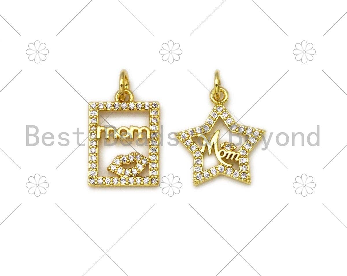CZ Micro Pave MAMA On Rectangle/Five Star Shape Charm,18K Gold Filled Charm,Mother's Day Necklace Bracelet Charm,12x17mm/14x16mm,Sku#L584