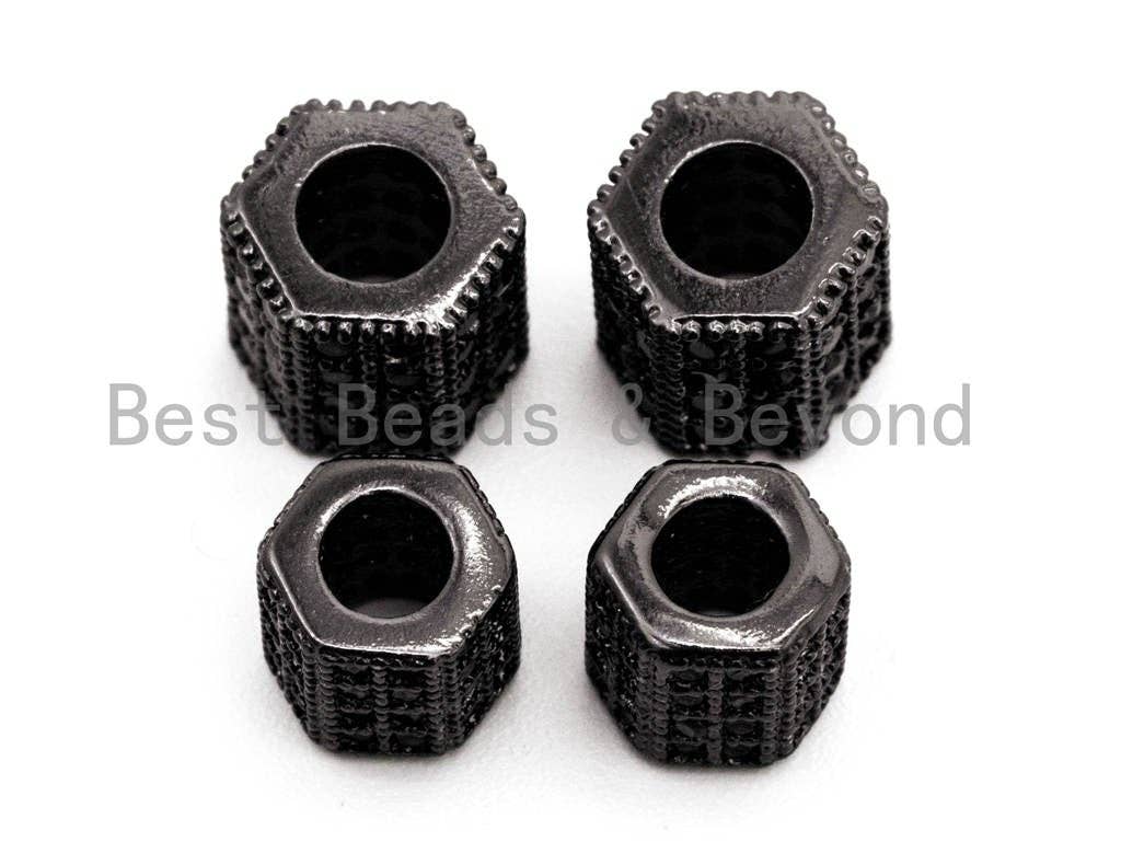 Black CZ Pave On Black Large Hole Hexagon Tube Spacer Beads, Cubic Zirconia Tube Space Beads, Men's Jewelry Findings, 6x6mm/7x7mm, SKU#G329