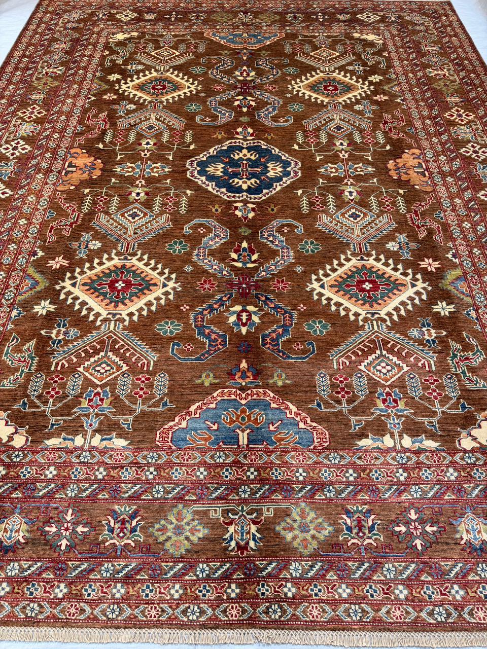 Hand-Knotted Vegetable Dye Kazak Rug from Pakistan,  9' 3" x 12'
