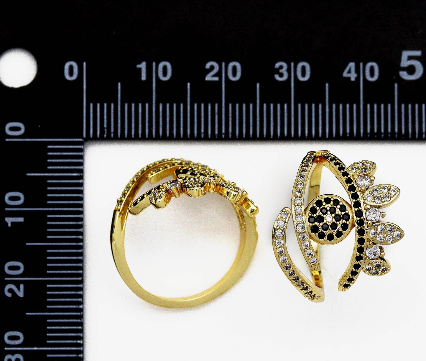 Black CZ Gold Evil Eye Oval Adjustable Ring, Sku#JL142