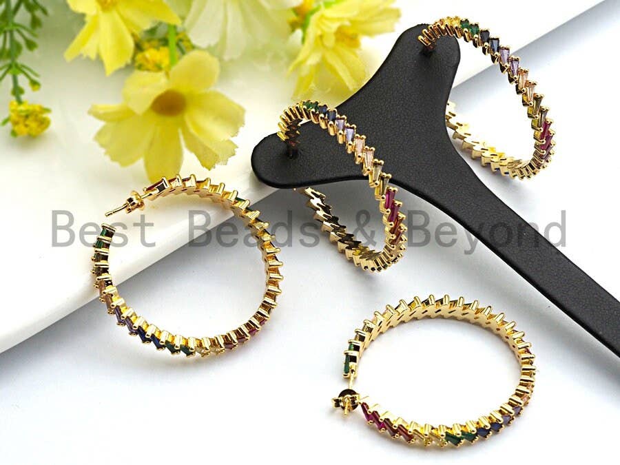 Colorful CZ Micro Pave Rainbow Large Hoop Earring, Gold Hoops earrings, Stud Earrings, Minimal earrings,4x40mm,sku#J127/LD456
