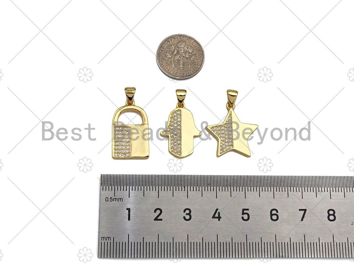 CZ Micro Pave Lock/Hamsa Hand/Five Star Pendant,Half CZ Medallion Charm, Necklace Bracelet Charm Pendant,13x22/18x20/15x21mm, Sku#LK245