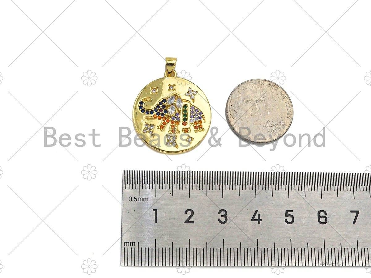 Colorful CZ Micro Pave Bee/Elephant/Butterfly On Round Coin Pendant,18K Dainty Gold Medallion Charm,Necklace Bracelet Charm,24x27mm,Sku#JL31