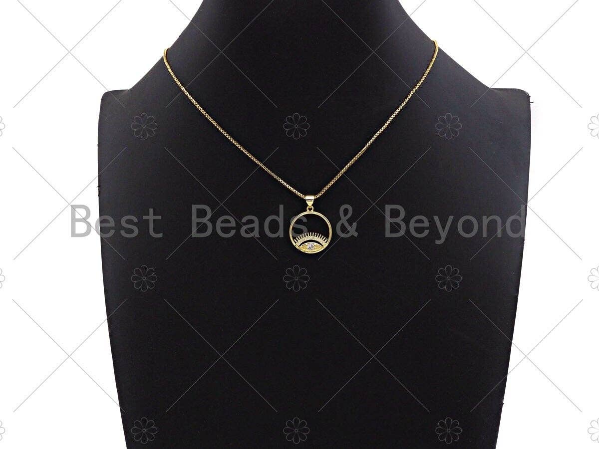 18k Dainty Gold Evil Eye With Long Eyelash On Round Ring Shape Charms, Dainty Charms,Round Ring Necklace Charms, 18x20mm, Sku#LK173