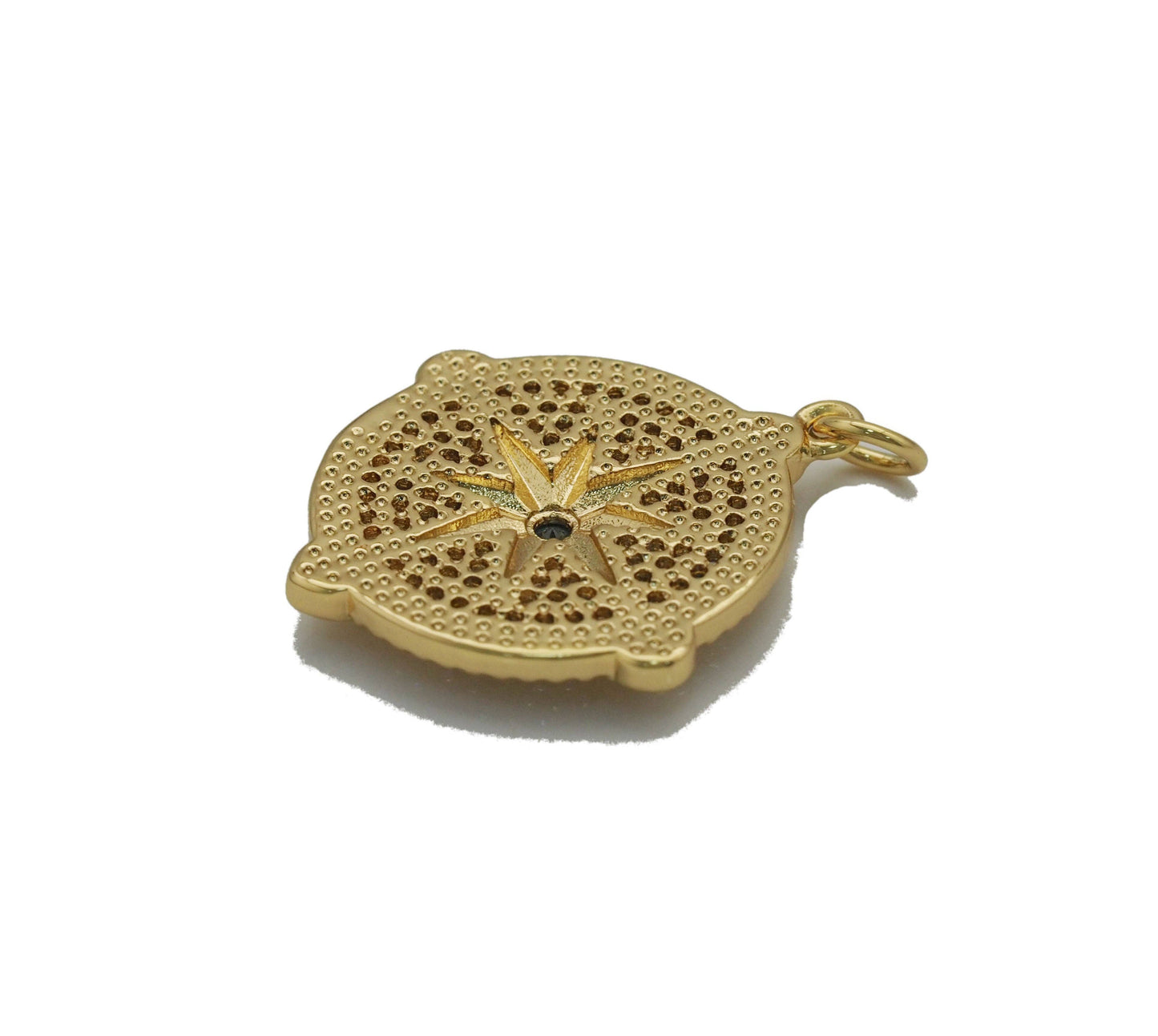 Gold CZ Pave North Star Medallion Coin Charm, Sku#LX116
