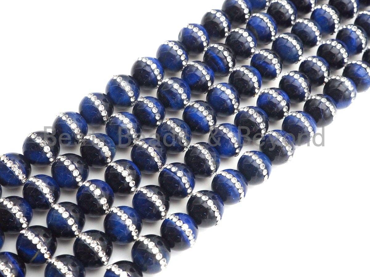 High Quality Blue Tiger Eye with rhinestone inlaid, 6mm/8mm/10mm/12mm/14mm, Tiger eye Beads, 15.5inch Full strand, SKU#V48