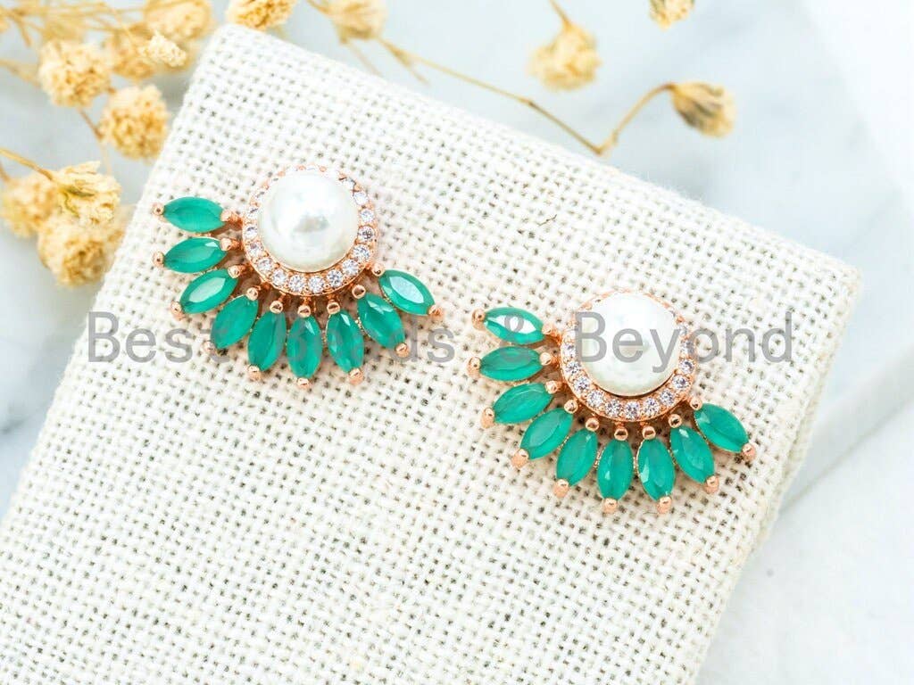 Pearl and CZ Flower Stud Earrings, Sku#O47