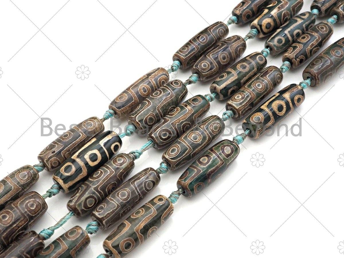 Natural Tibetan Agate Barrel Beads, Green Dzi Drum Beads, Tibetan Dzi Beads, 10x30mm, Sku#U1045