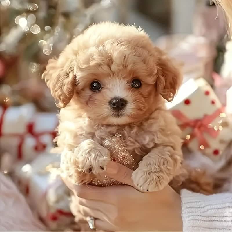 Small fluffy dog held in hands with blurred festive background