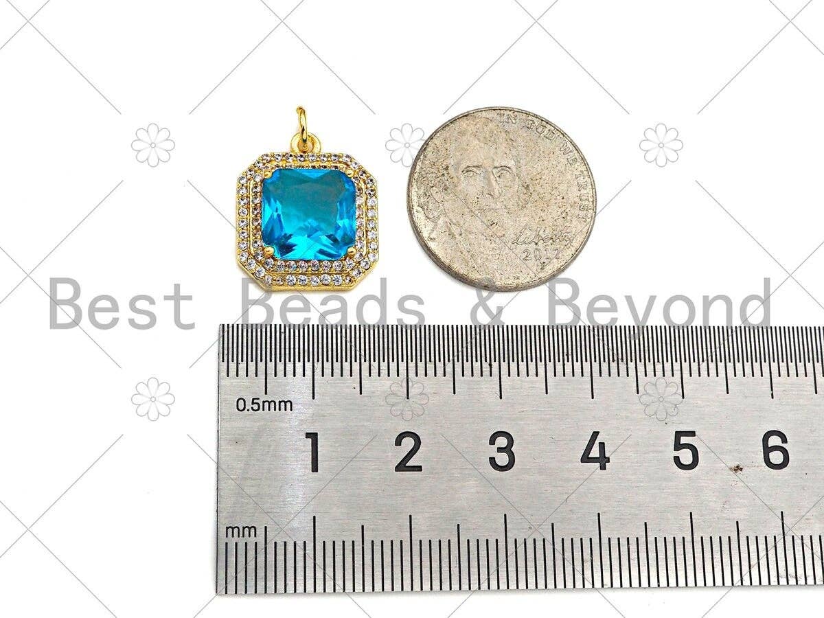 Gold Filled Big CZ Micro Pave Square Shape Pendant,18K Gold Filled Clear/Blue CZ Charm, Necklace Bracelet Charm Pendant,15x18mm,Sku#LK328