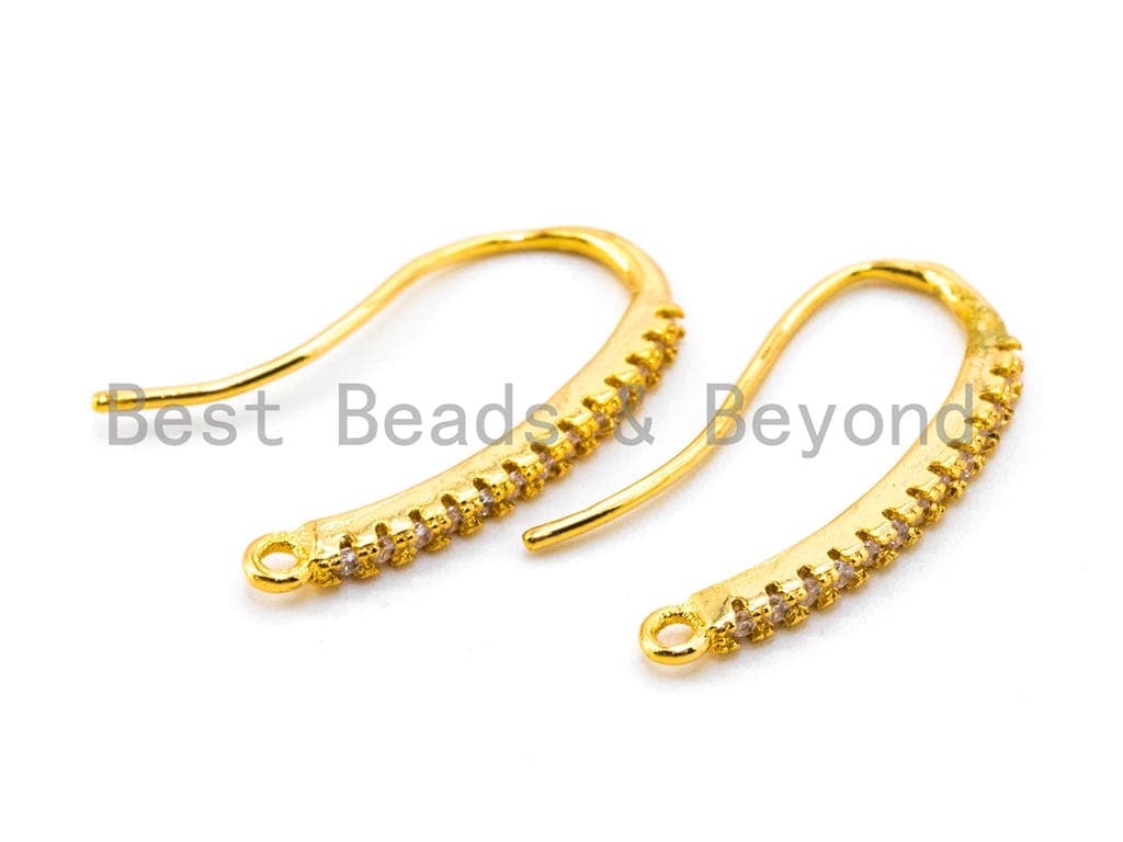 1pair, Clear CZ Micro Pave Gold, Silver, Rose gold, Black Rhodium Plated Earring Wires Hooks,19x10mm, sku#J21
