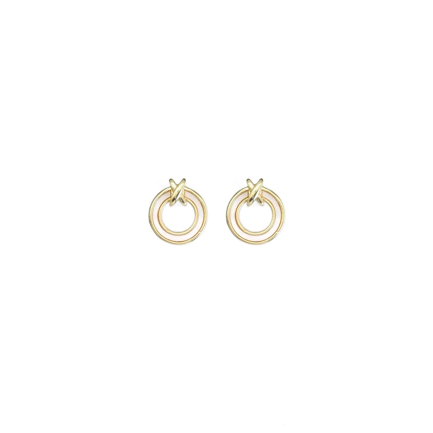 Gold White Mother of Pearl Circle With Knot Stud Earrings, S