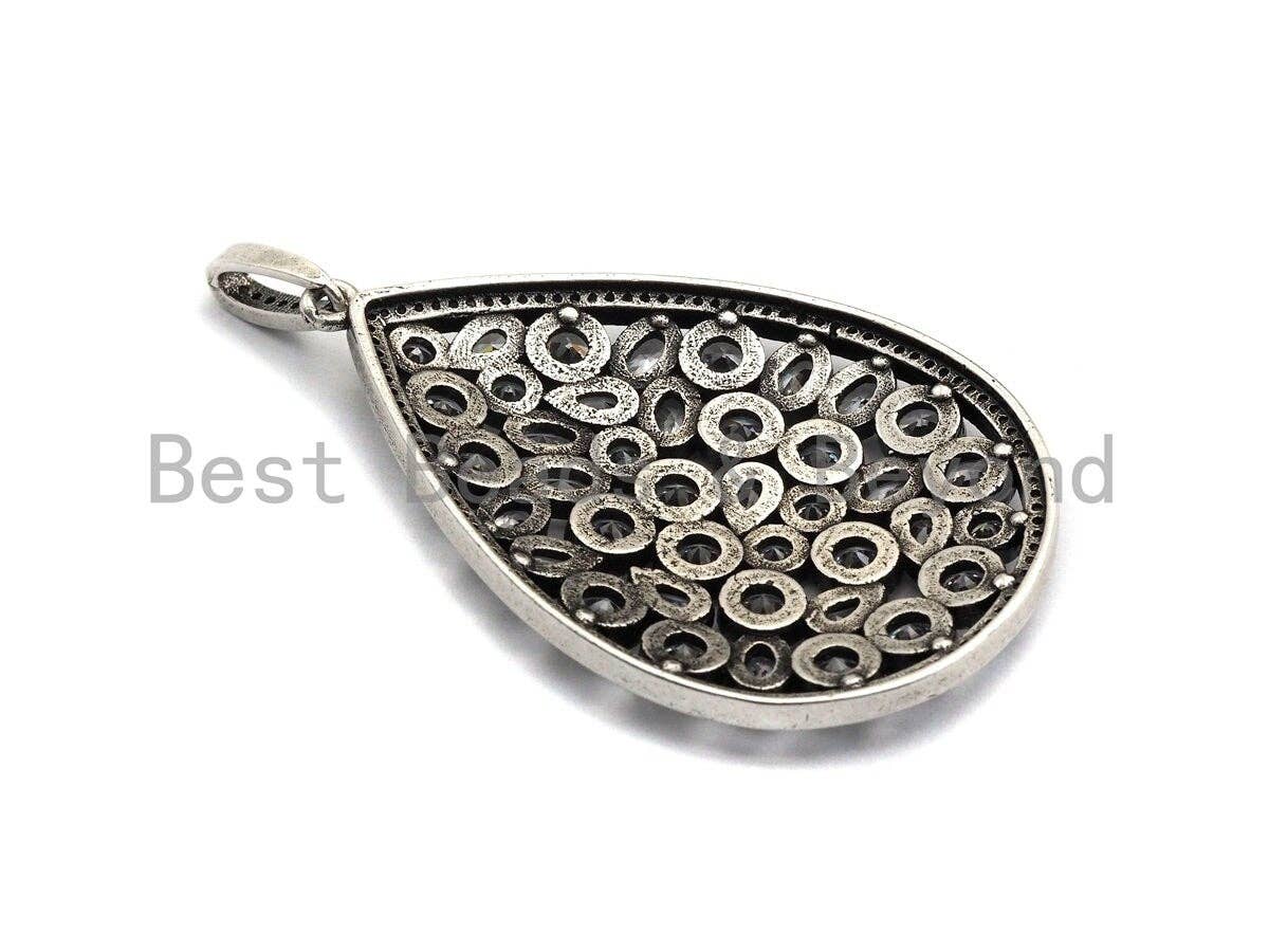 CZ Micro Pave Teardrop Pendant, Antique Silver Tone, Cubic Zirconia Pave Big Teardrop Charm Pendant, 36x55mm,sku#F1007
