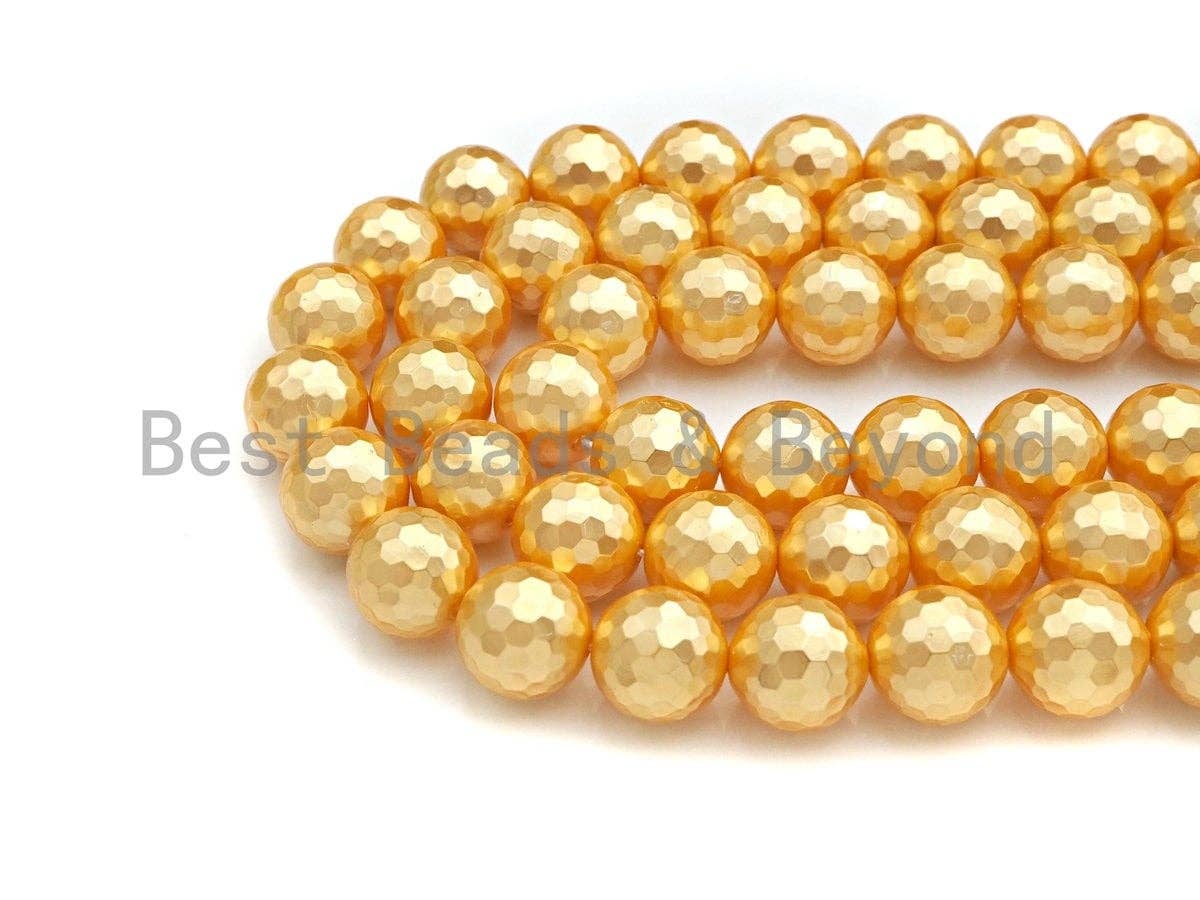 Quality Gold Mother of Pearl beads, 8mm/10mm/12mm Pearl Faceted Round beads, Golden Loose Faceted Pearl Shell Beads, 15.5inch strand, T153