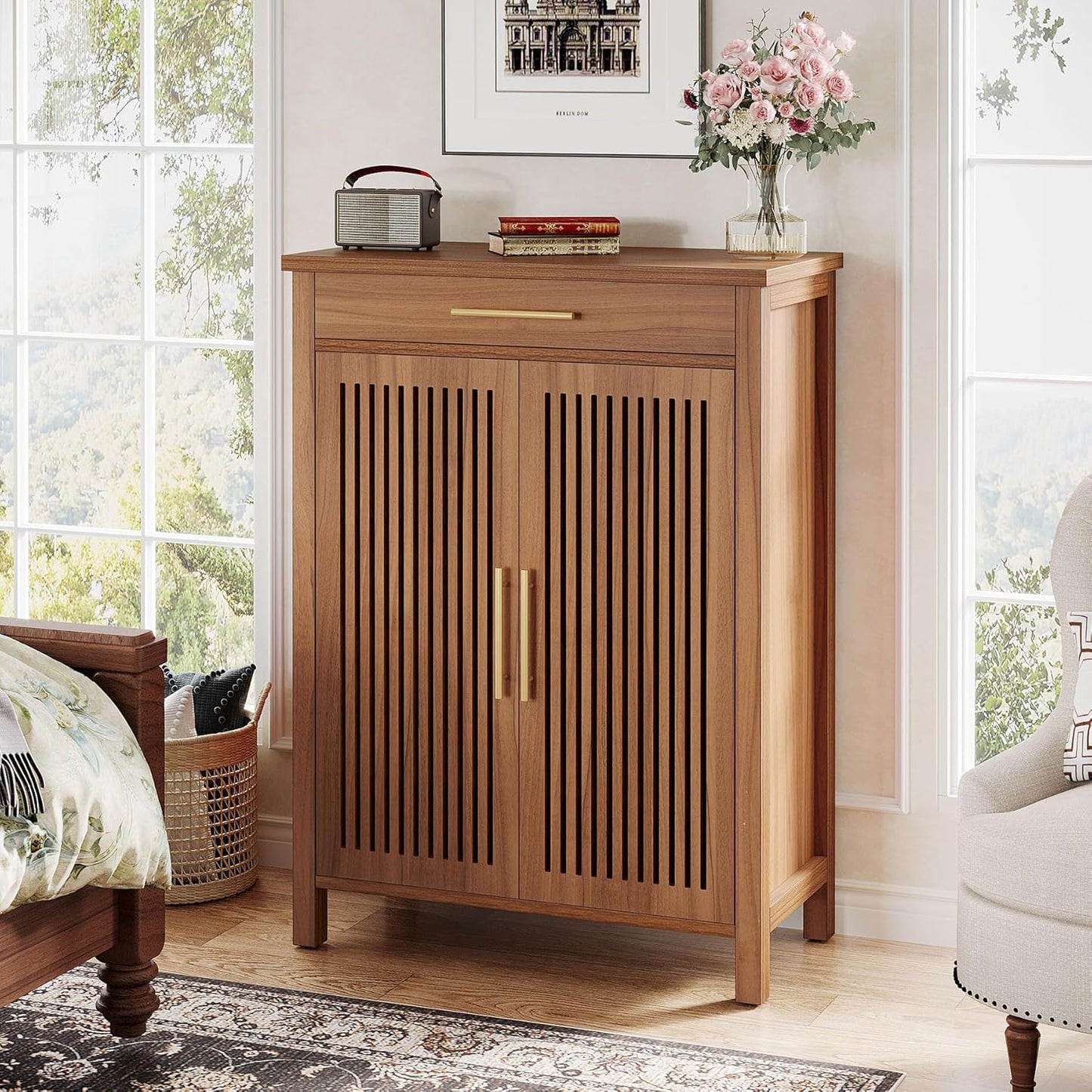5-Tier Shoe Storage Cabinet with Louvered Doors and Drawer