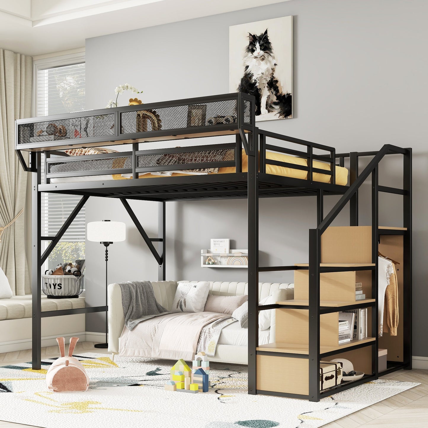 Queen Size Loft Bed with Stairs and Storage Shelves