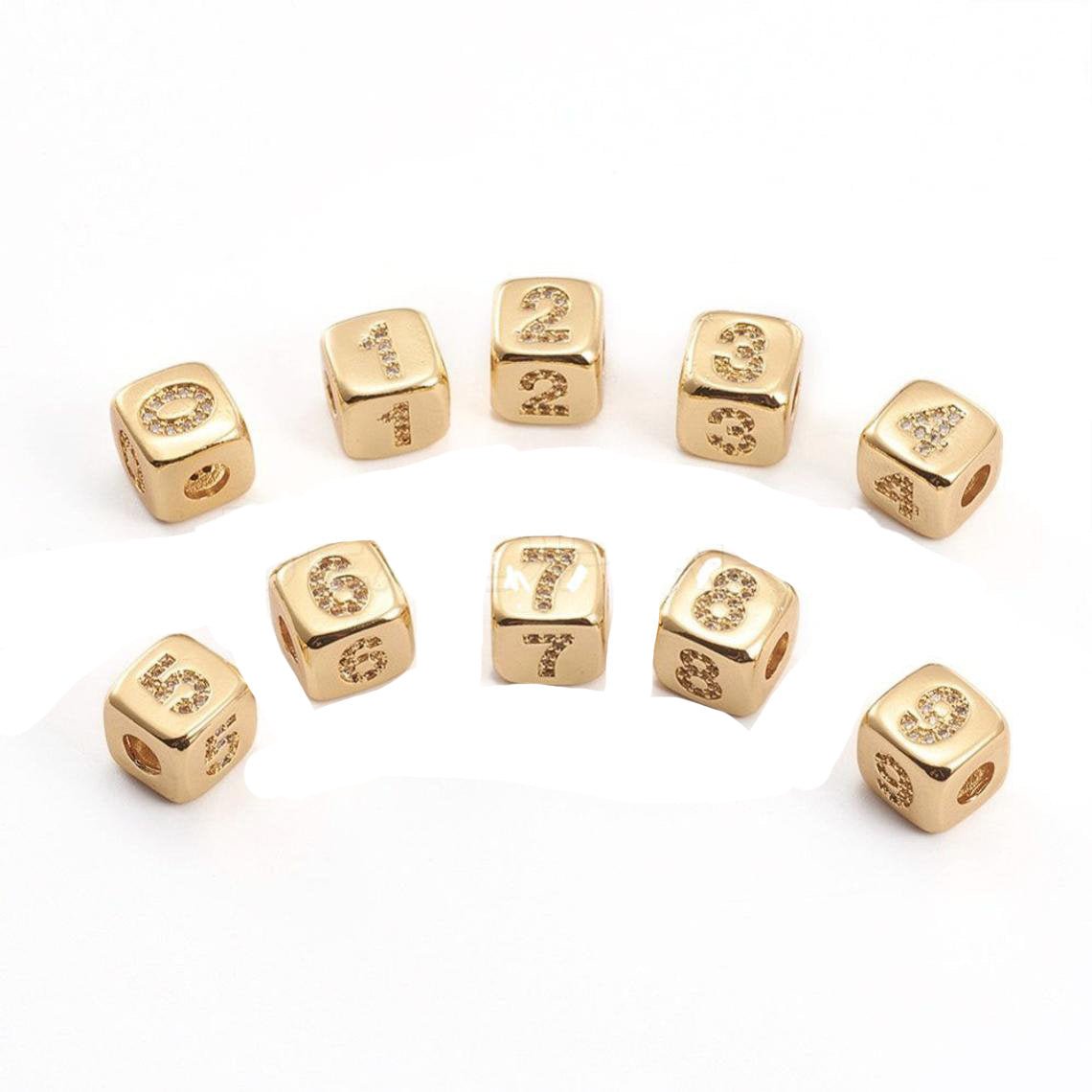 9mm Gold Initial Number Beads, 1,2,3,4,5,6,7 Beads, Arabic Number Beads Micro Pave Dice Block Charm for Bracelet Necklace Supply 0-9 year B-408 ~ B-412