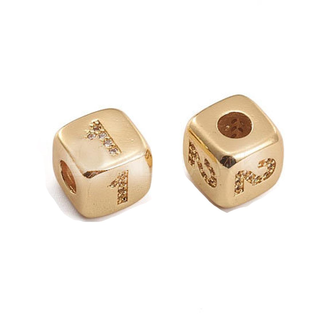 9mm Gold Initial Number Beads, 1,2,3,4,5,6,7 Beads, Arabic Number Beads Micro Pave Dice Block Charm for Bracelet Necklace Supply 0-9 year B-408 ~ B-412