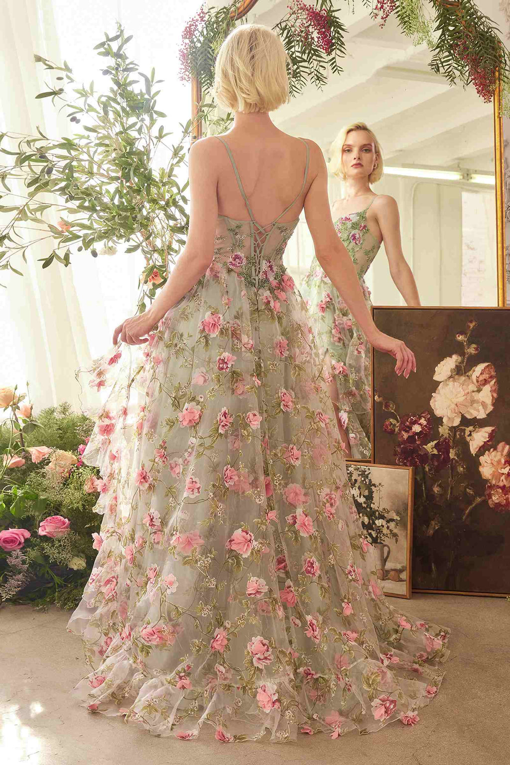 Andrea & Leo A1420 Dress Sage Floral Print Layered A-Line Gown
