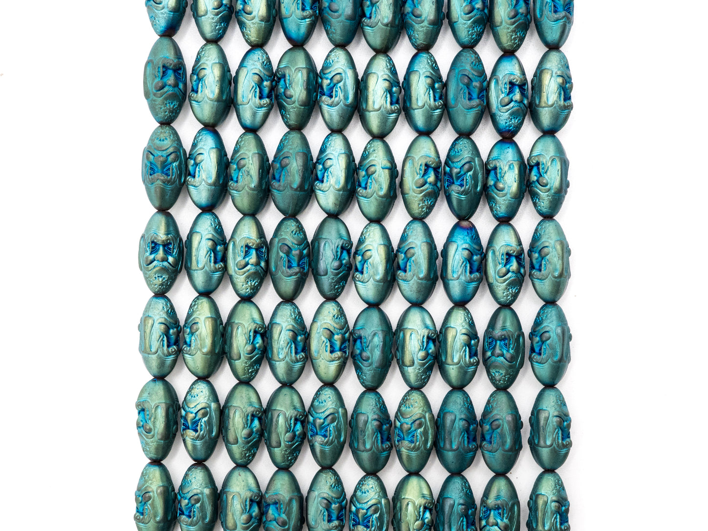 Natural Hematite Matt Peacock Green Long Oval Beads, Old Man Head Carved, Oval Metallic Gemstone Beads, 8x16mm,8'' Full Strand, Sku#W58