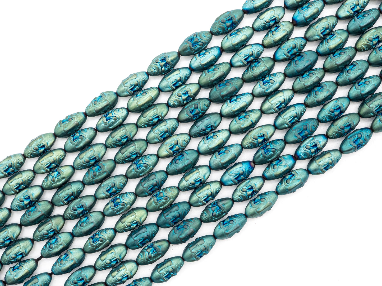 Natural Hematite Matt Peacock Green Long Oval Beads, Old Man Head Carved, Oval Metallic Gemstone Beads, 8x16mm,8'' Full Strand, Sku#W58