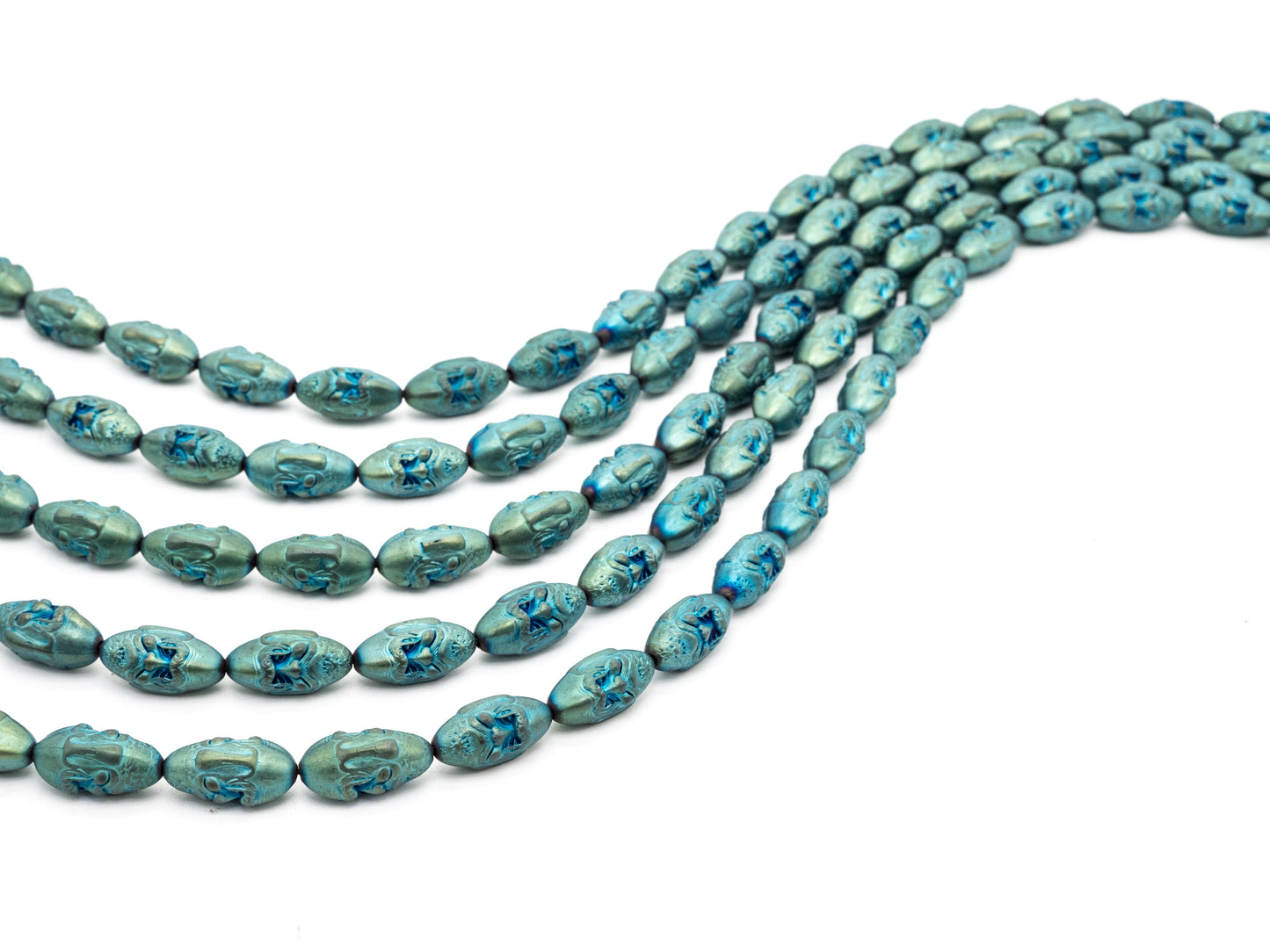 Natural Hematite Matt Peacock Green Long Oval Beads, Old Man Head Carved, Oval Metallic Gemstone Beads, 8x16mm,8'' Full Strand, Sku#W58