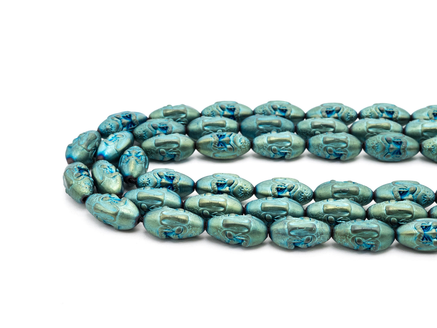 Natural Hematite Matt Peacock Green Long Oval Beads, Old Man Head Carved, Oval Metallic Gemstone Beads, 8x16mm,8'' Full Strand, Sku#W58