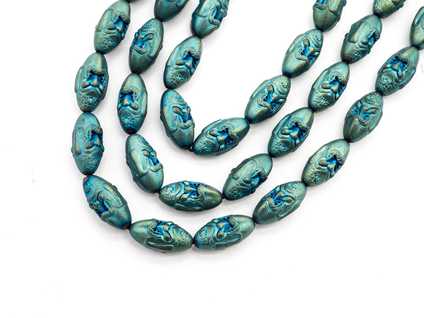 Natural Hematite Matt Peacock Green Long Oval Beads, Old Man Head Carved, Oval Metallic Gemstone Beads, 8x16mm,8'' Full Strand, Sku#W58
