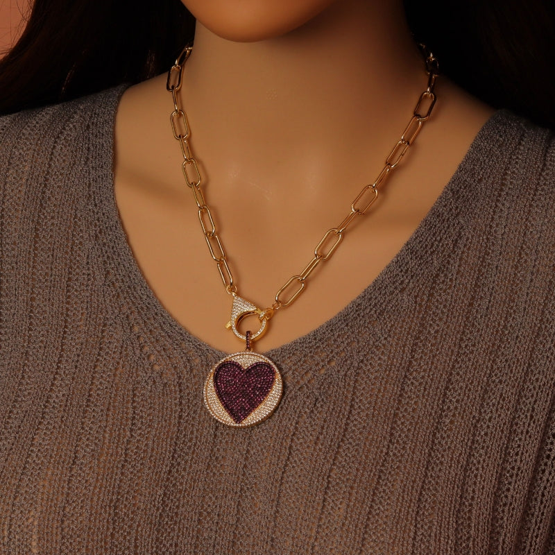 Paperclip Colorful CZ Heart Necklace, Sku#CL26