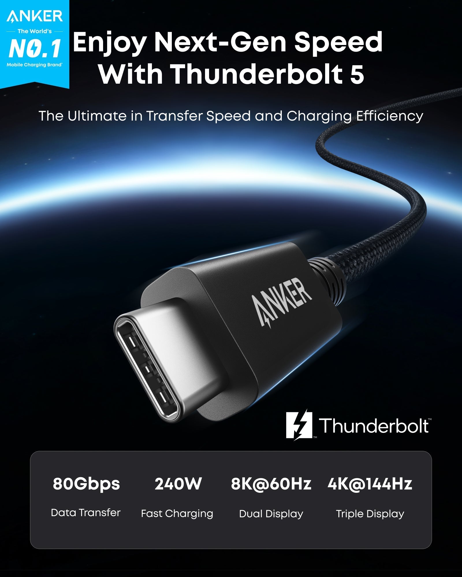 Anker Prime Thunderbolt 5 ケーブル (3.3 ft / 1.7 ft, 80 Gbps, 240W)