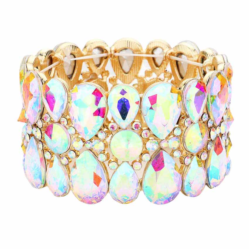 Pear Crystal Floral Rhinestone Stretch Evening Bracelet