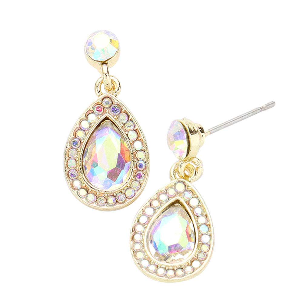 Rhinestone Trim Teardrop Stone Dangle Evening Earrings