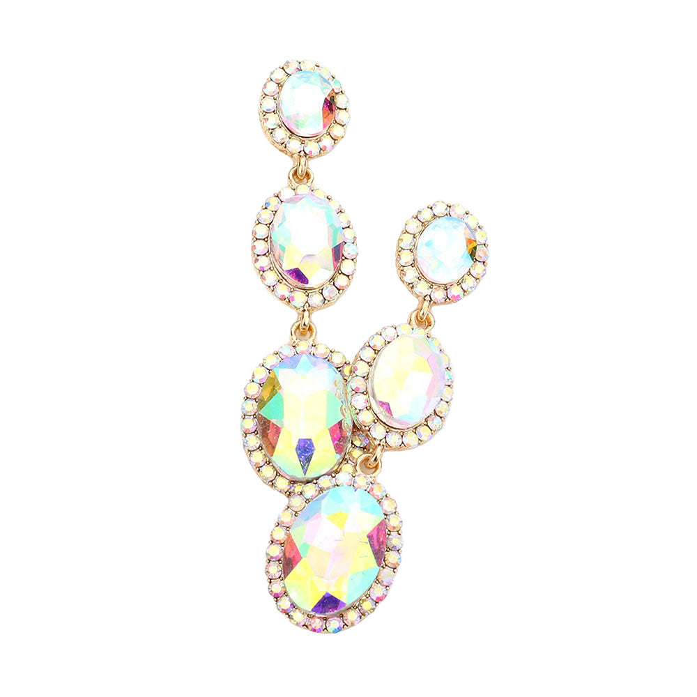 Triple Oval Glass Stone Drop Down Dangle Evening Earrings