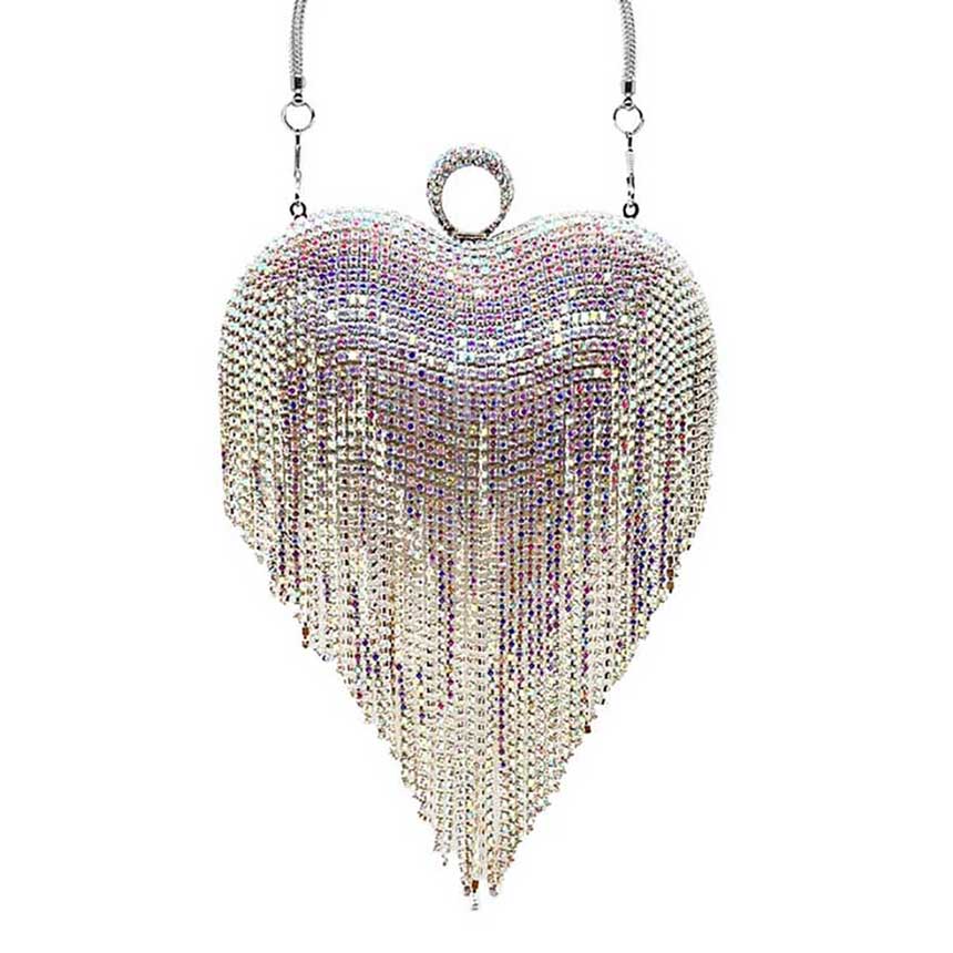 Rhinestone Fringe Heart Evening Tote Clutch Crossbody Bag