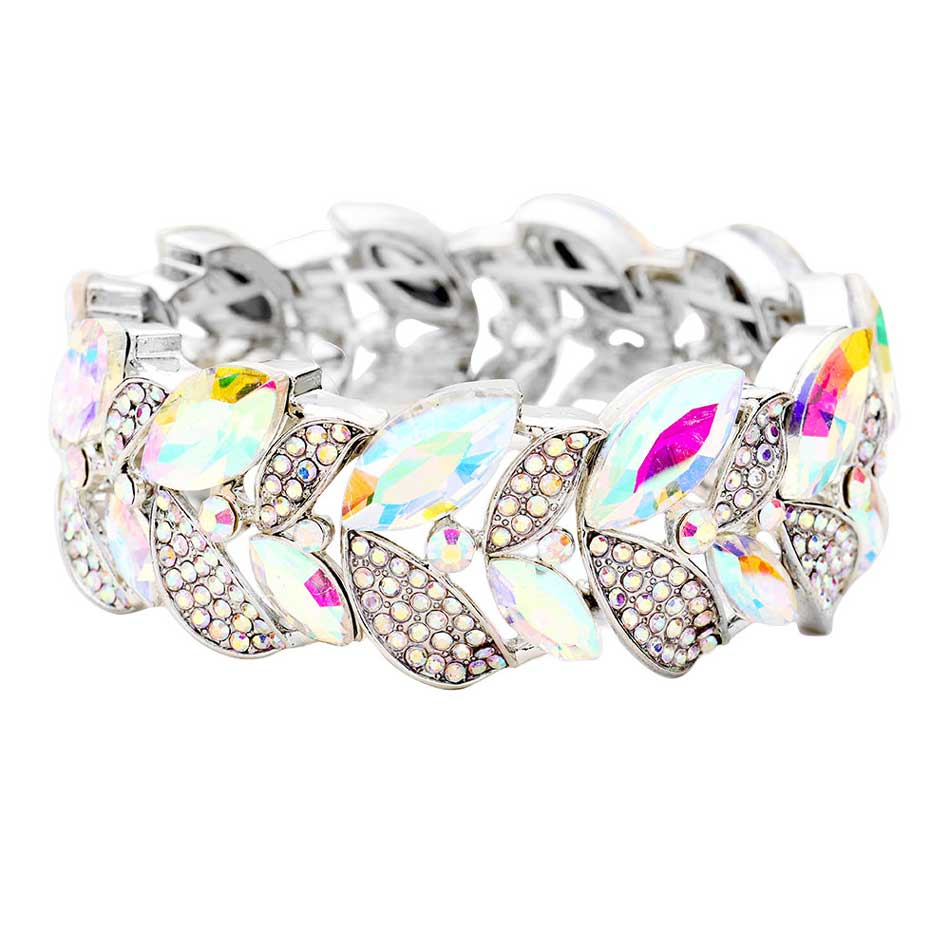 Rhinestone Pave Marquise Stone Leaf Stretch Evening Bracelet
