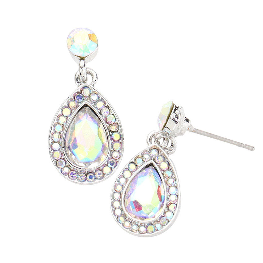 Rhinestone Trim Teardrop Stone Dangle Evening Earrings