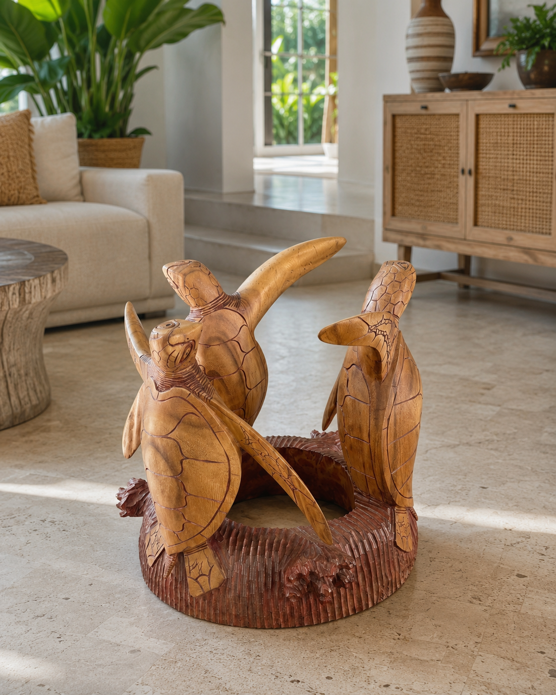 Hand-Carved Suar Wood Sea Turtle Coffee Table Base – 20”H x 20” Round