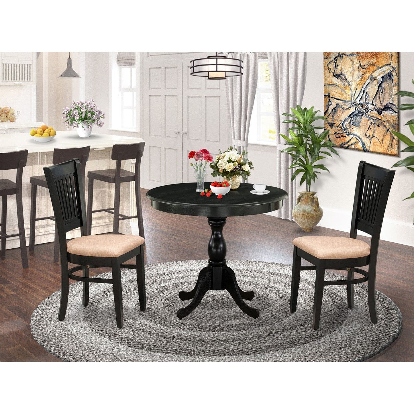EAST WEST FURNITURE - AMVA3-BLK-C - 3-Pc Modern Dining Table Set- 2 Wood Dining Chair and Dining Room Table - Linen Fabric Seat and Slatted Chair Back (Black Finish)