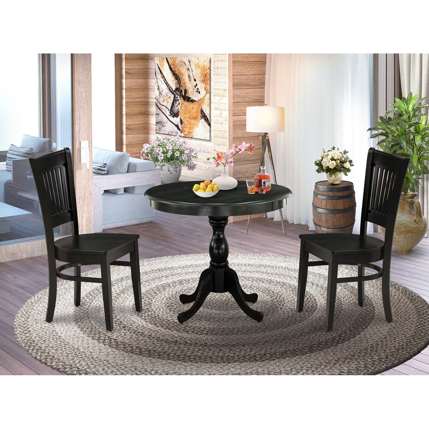 EAST WEST FURNITURE - AMVA3-BLK-W - 3-Pc Dinette Room Set- 2 Modern Dining Room Chair and Kitchen Dining Table - Wooden Seat and Slatted Chair Back (Black Finish)