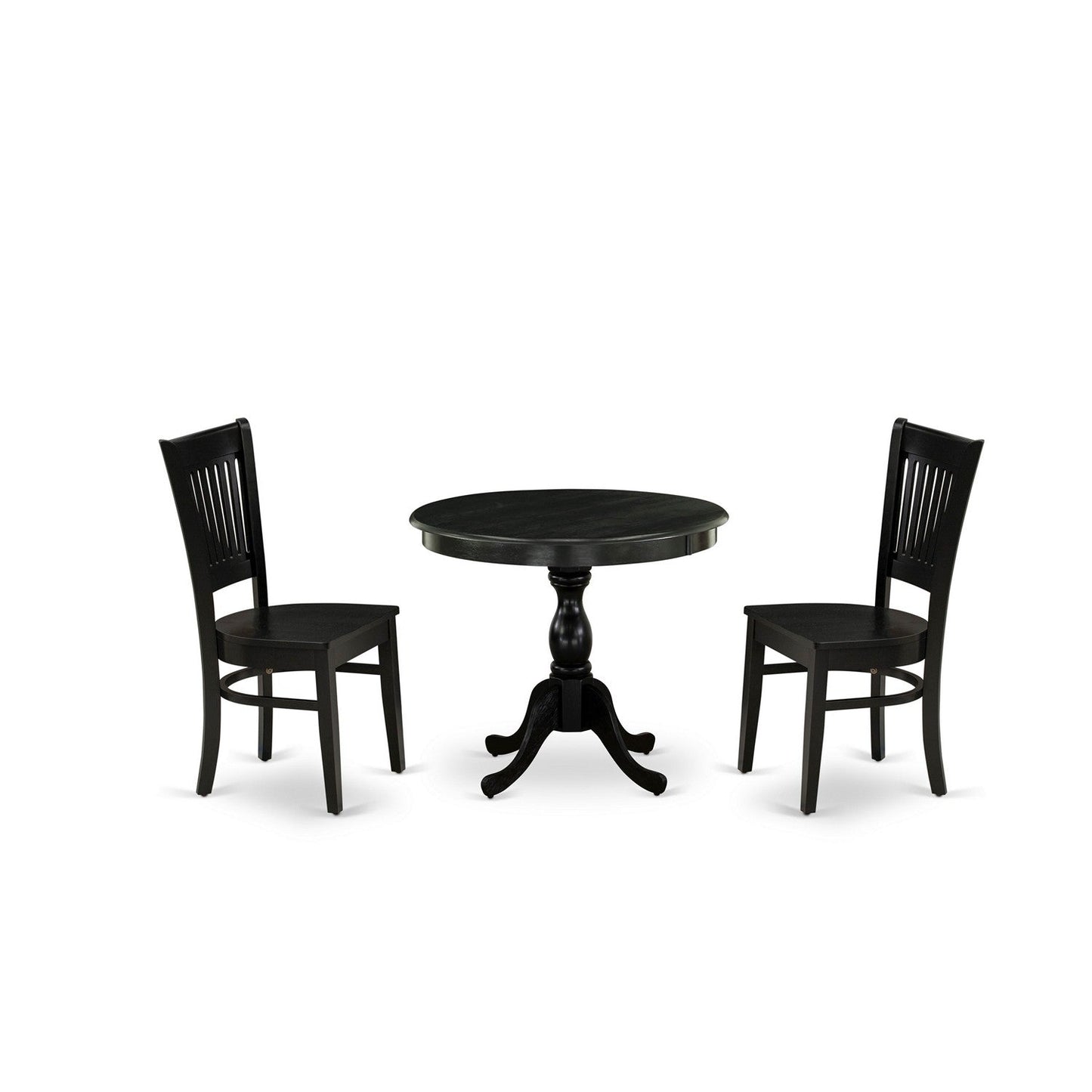 EAST WEST FURNITURE - AMVA3-BLK-W - 3-Pc Dinette Room Set- 2 Modern Dining Room Chair and Kitchen Dining Table - Wooden Seat and Slatted Chair Back (Black Finish)