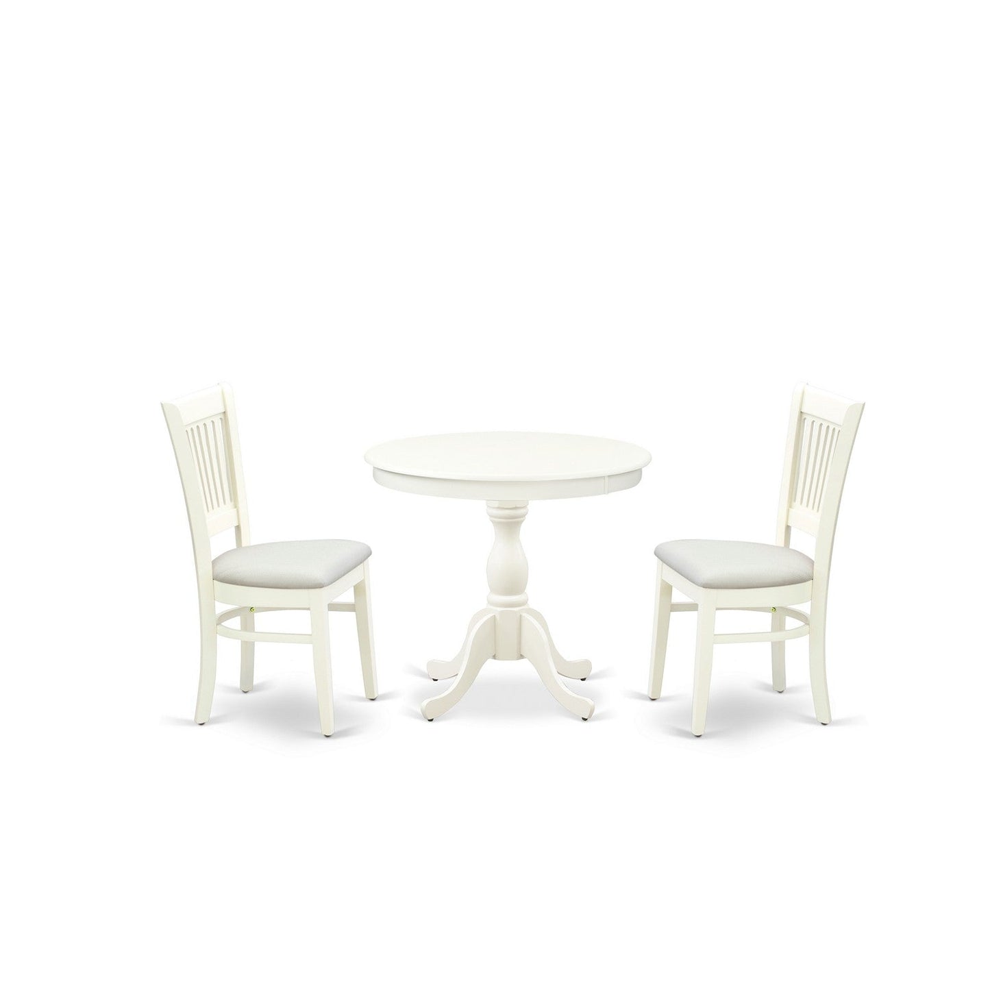 EAST WEST FURNITURE - AMVA3-LWH-C - 3-Piece Dinette Set- 2 Dining Room Chair and Round Dining Table - Linen Fabric Seat and Slatted Chair Back (linen white Finish)