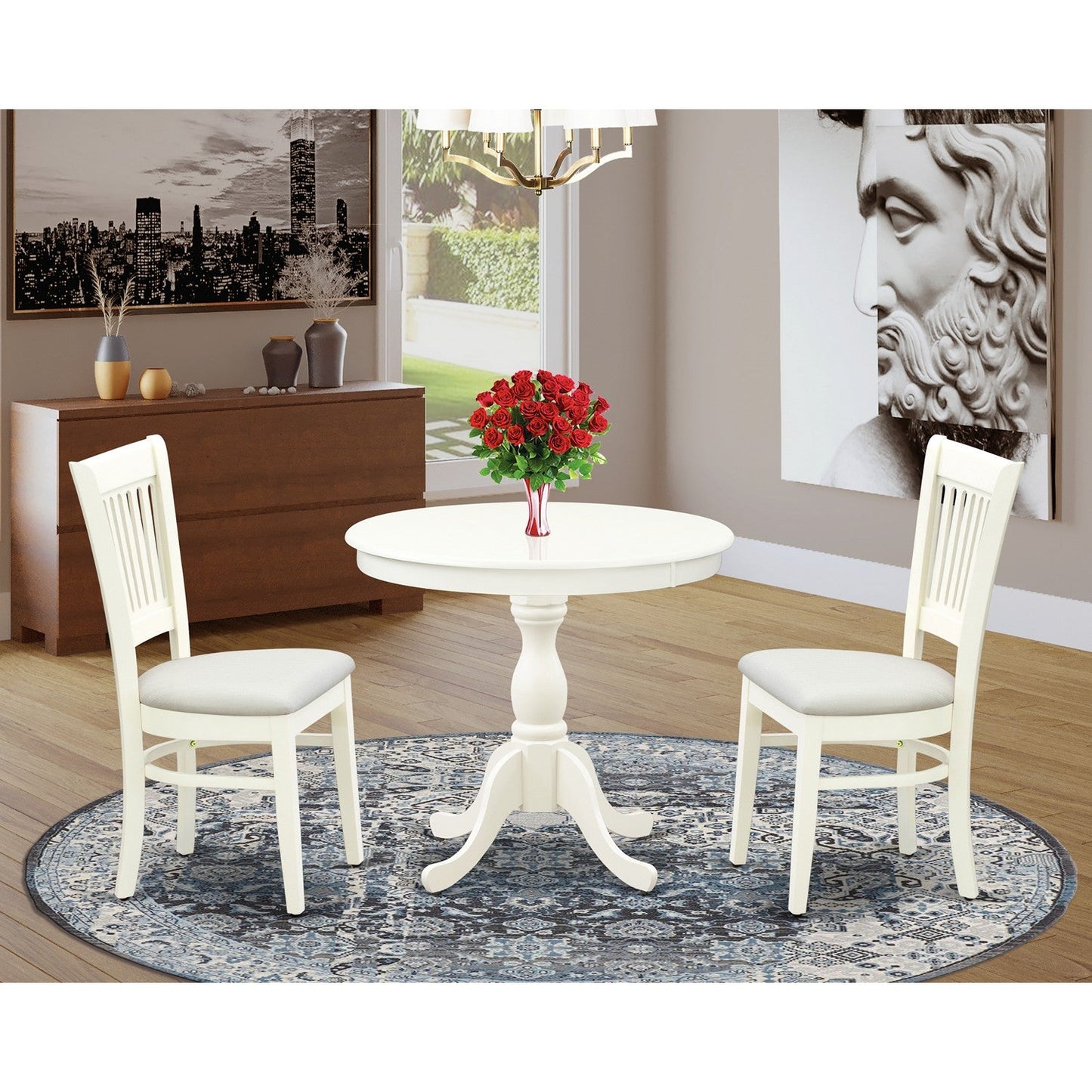 EAST WEST FURNITURE - AMVA3-LWH-C - 3-Piece Dinette Set- 2 Dining Room Chair and Round Dining Table - Linen Fabric Seat and Slatted Chair Back (linen white Finish)