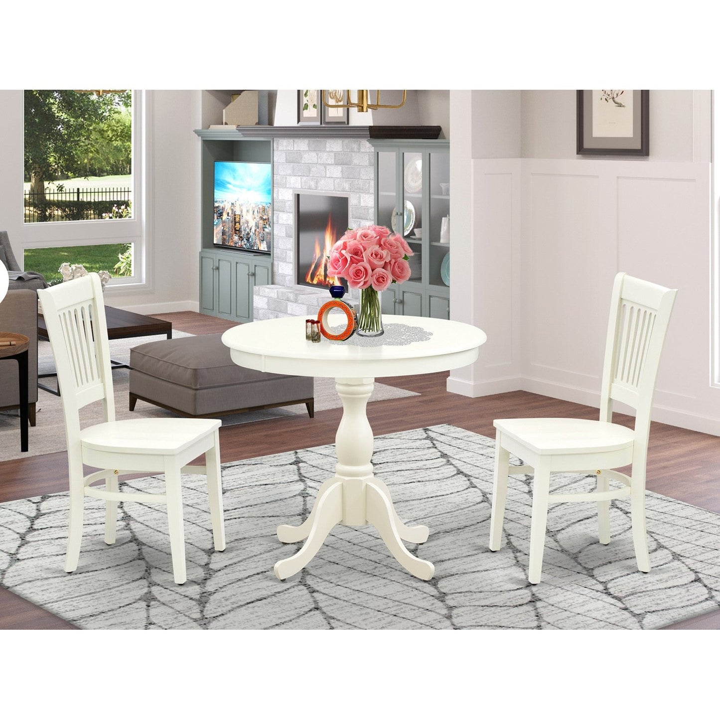 EAST WEST FURNITURE - AMVA3-LWH-W - 3-Pc Dining Room Table Set- 2 Dining Room Chair and Dining Table - Wooden Seat and Slatted Chair Back (linen white Finish)