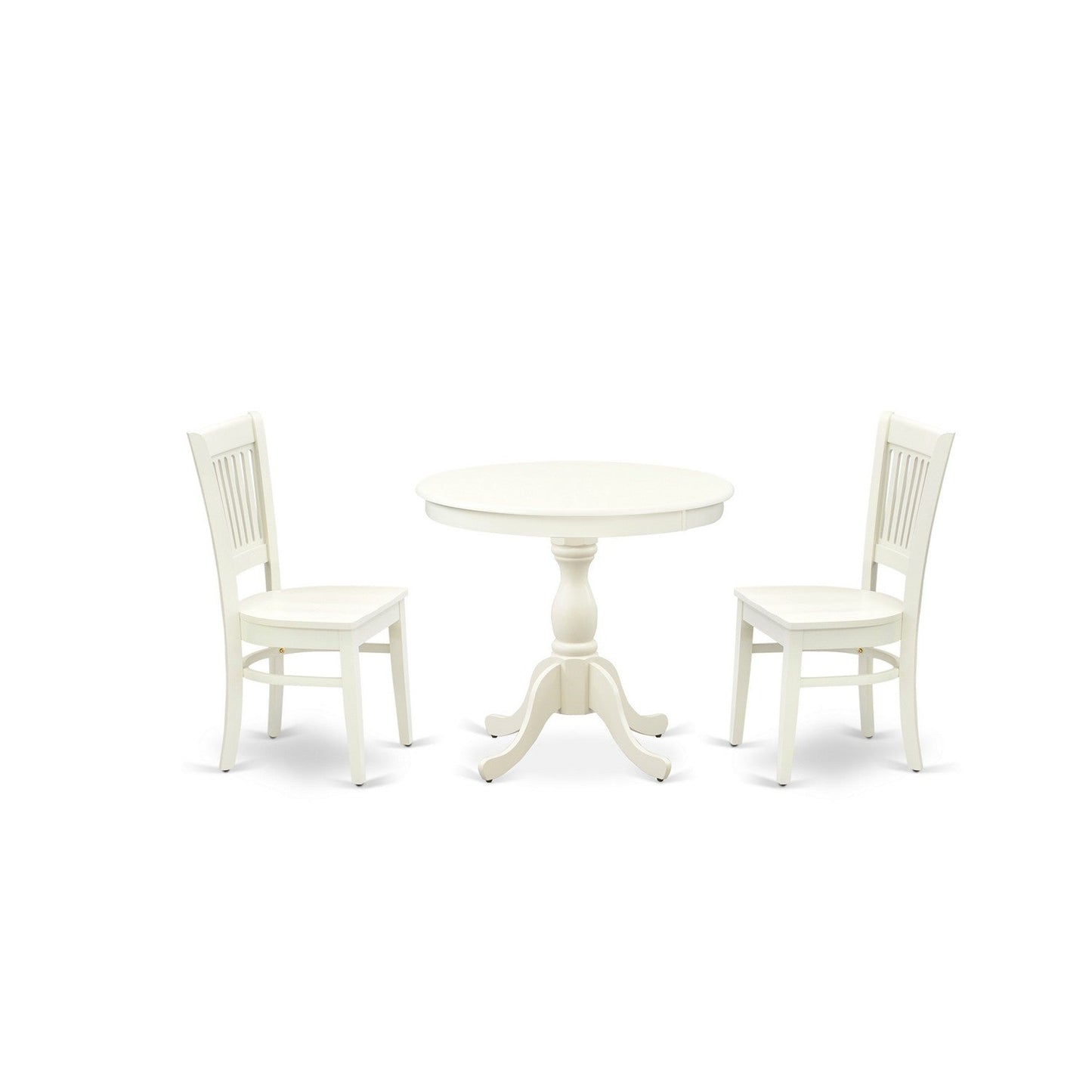 EAST WEST FURNITURE - AMVA3-LWH-W - 3-Pc Dining Room Table Set- 2 Dining Room Chair and Dining Table - Wooden Seat and Slatted Chair Back (linen white Finish)