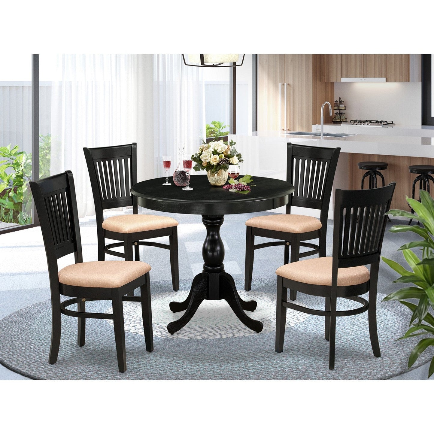 EAST WEST FURNITURE - AMVA5-BLK-C - 5-Pc Dining Room Table Set- 4 Kitchen Chair and Modern dining room table - Linen Fabric Seat and Slatted Chair Back (Black Finish)