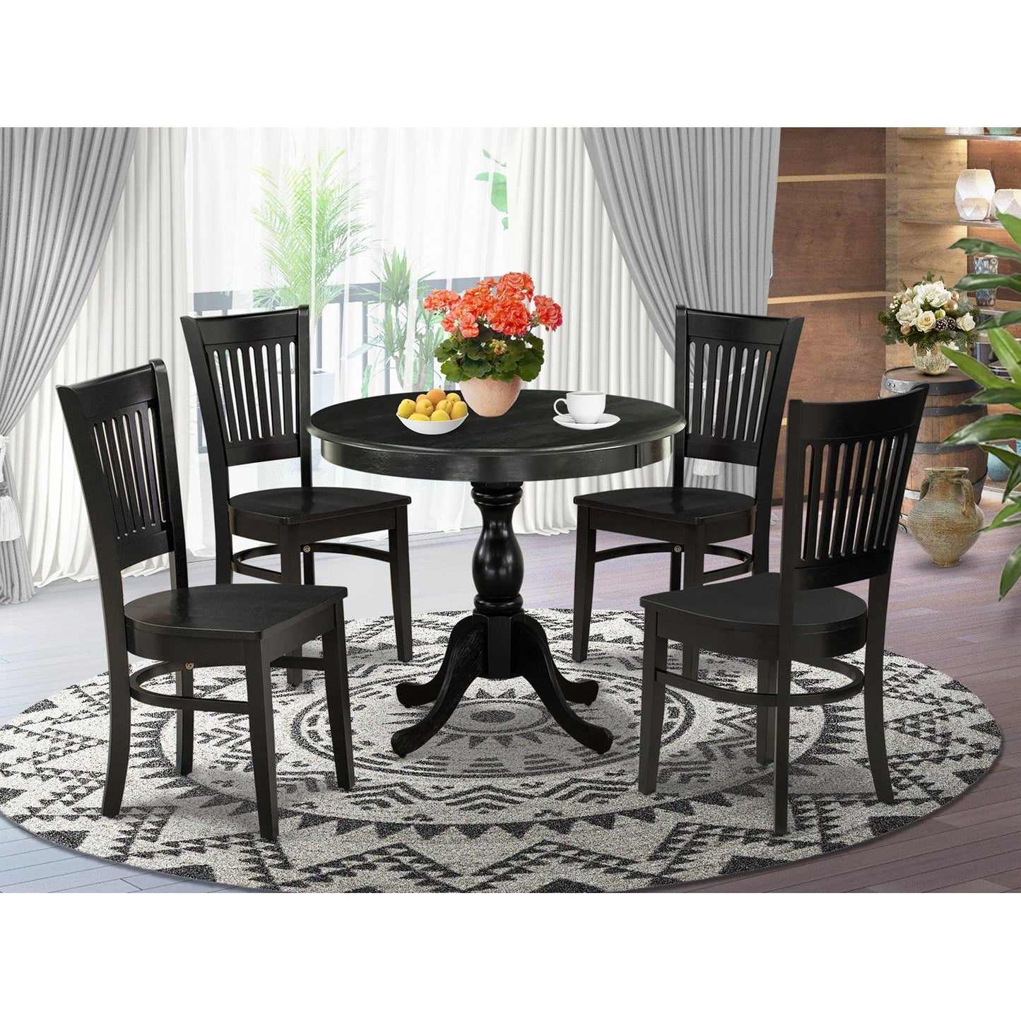EAST WEST FURNITURE - AMVA5-BLK-W - 5-Piece Kitchen Dining Set- 4 Dining Chair and Modern Round Dining Table - Wooden Seat and Slatted Chair Back (Black Finish)