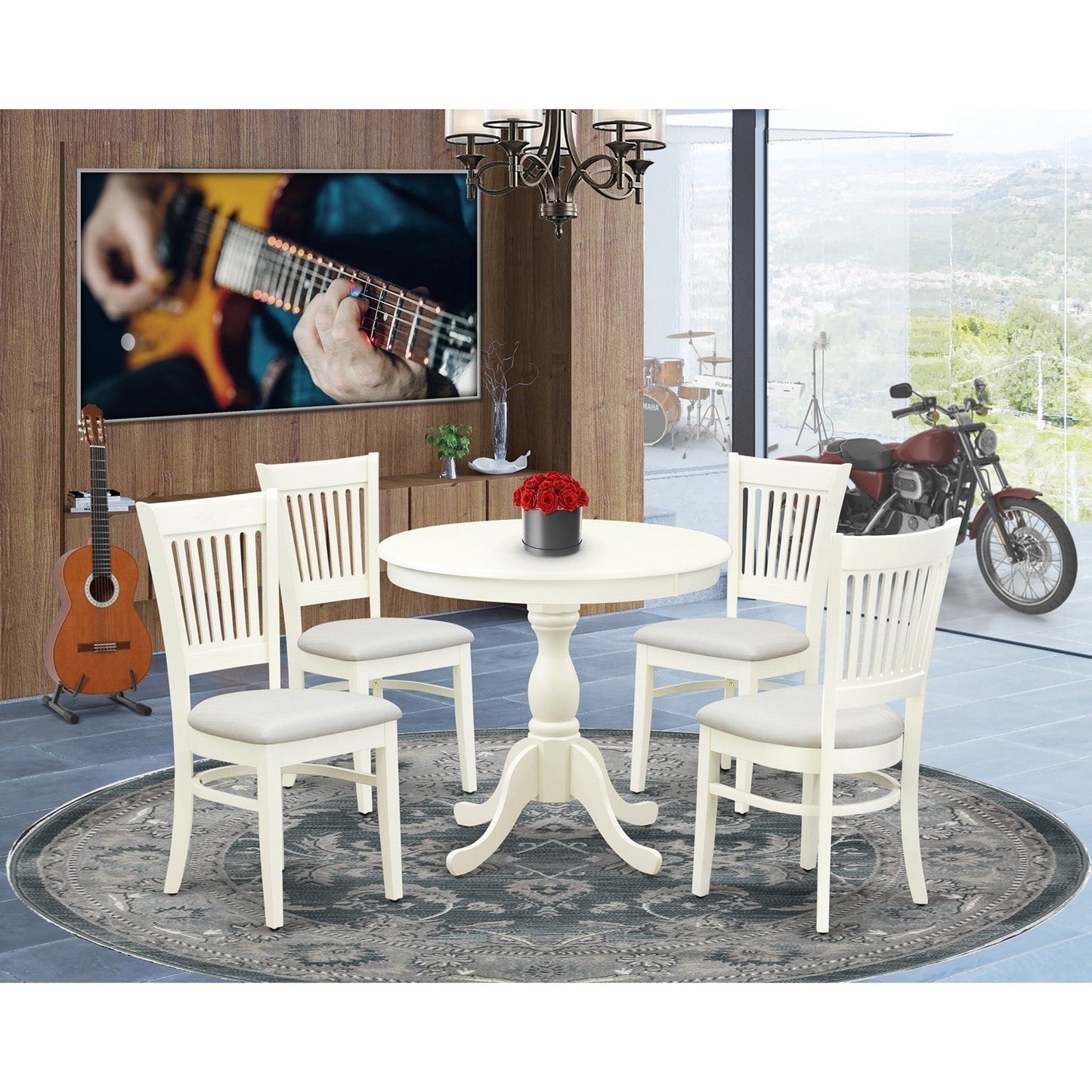 EAST WEST FURNITURE - AMVA5-LWH-C - 5-Piece Dinette Room Set- 4 dining room chairs and Wooden Dining Table - Linen Fabric Seat and Slatted Chair Back (linen white Finish)