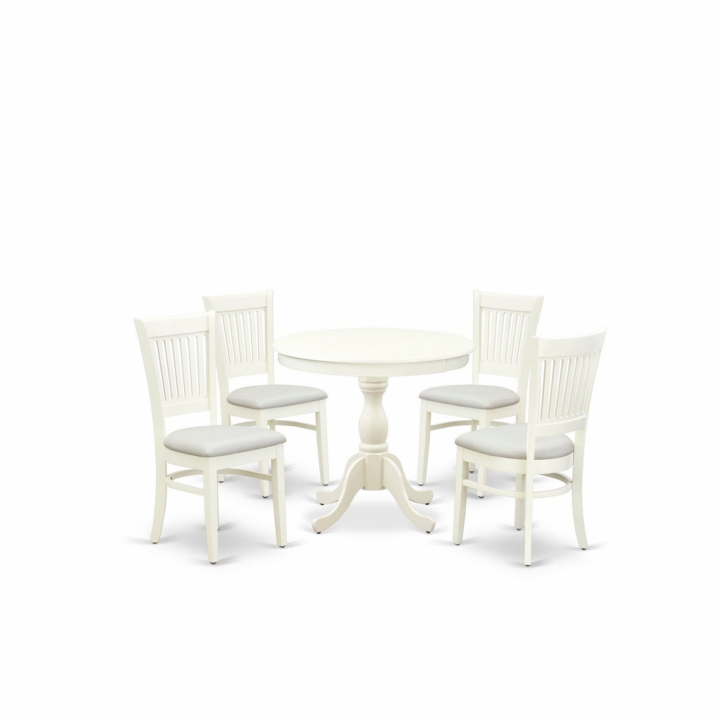 EAST WEST FURNITURE - AMVA5-LWH-C - 5-Piece Dinette Room Set- 4 dining room chairs and Wooden Dining Table - Linen Fabric Seat and Slatted Chair Back (linen white Finish)