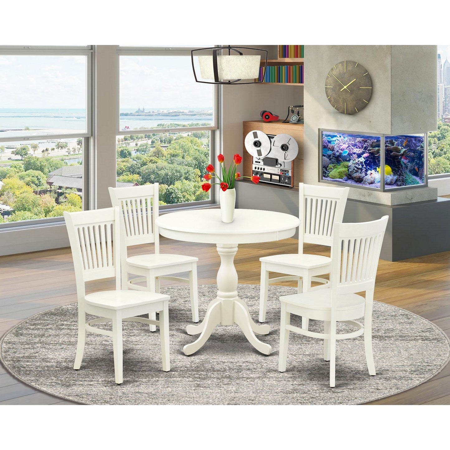 EAST WEST FURNITURE - AMVA5-LWH-W - 5-Pc Dinette Set- 4 dining room chairs and Modern dining room table - Wooden Seat and Slatted Chair Back (linen white Finish)