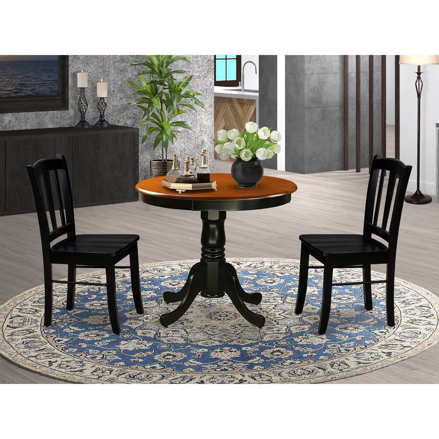 EAST WEST FURNITURE - ANDL3-BLK-W - 3-Piece Dining Room Set- 2 Dining Chair and Modern Round Dining Table - Wooden Seat and Slatted Chair Back (Black Finish)